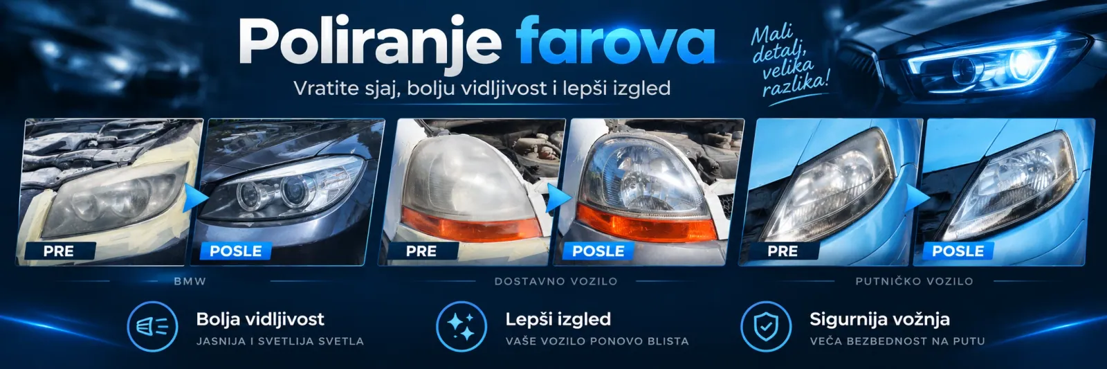 Poliranje i obnova farova – prikaz rezultata pre i posle - Broćeta, Petrovčić